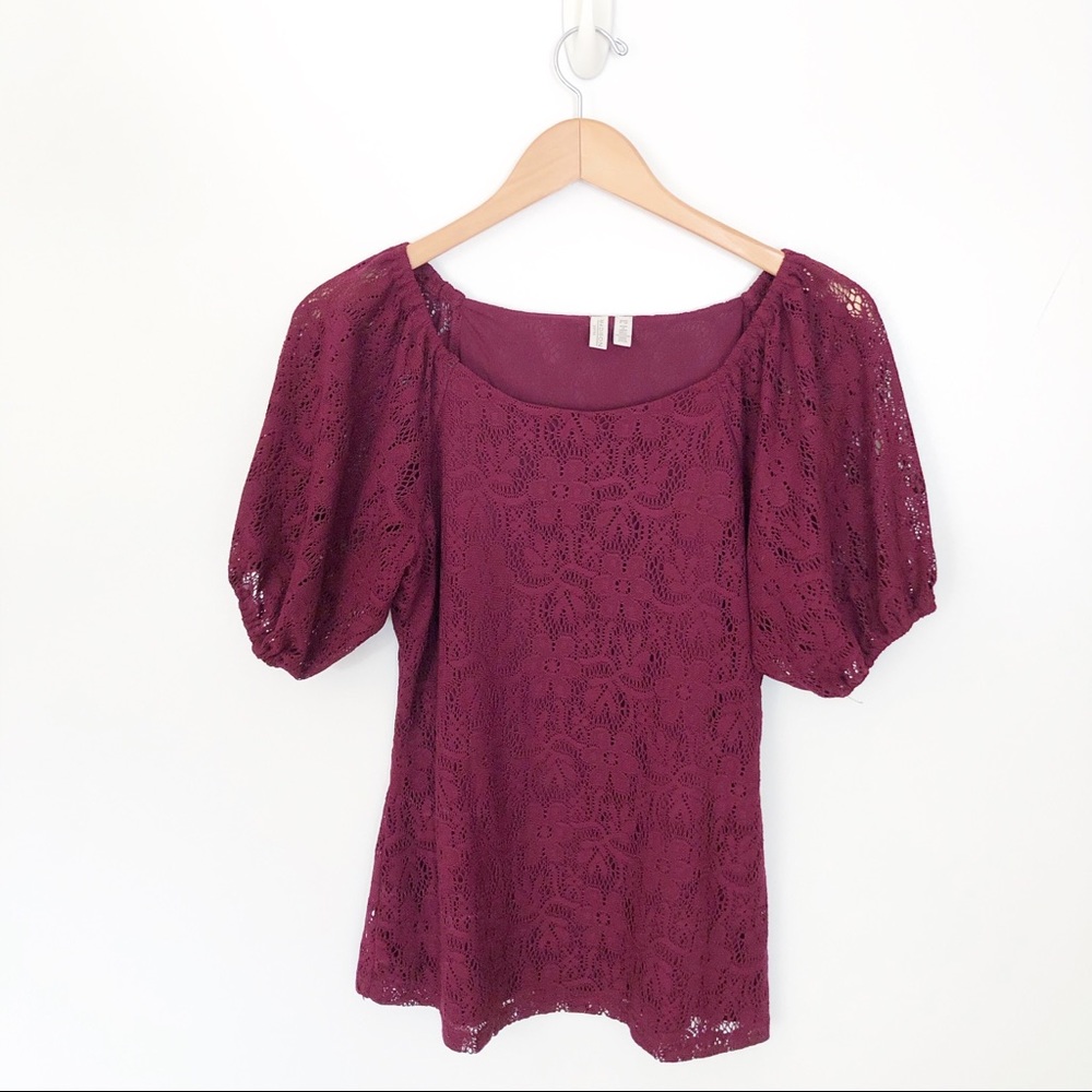 Madison Petite Burgundy Crochet Lace Puff Sleeve Romantic Top PS